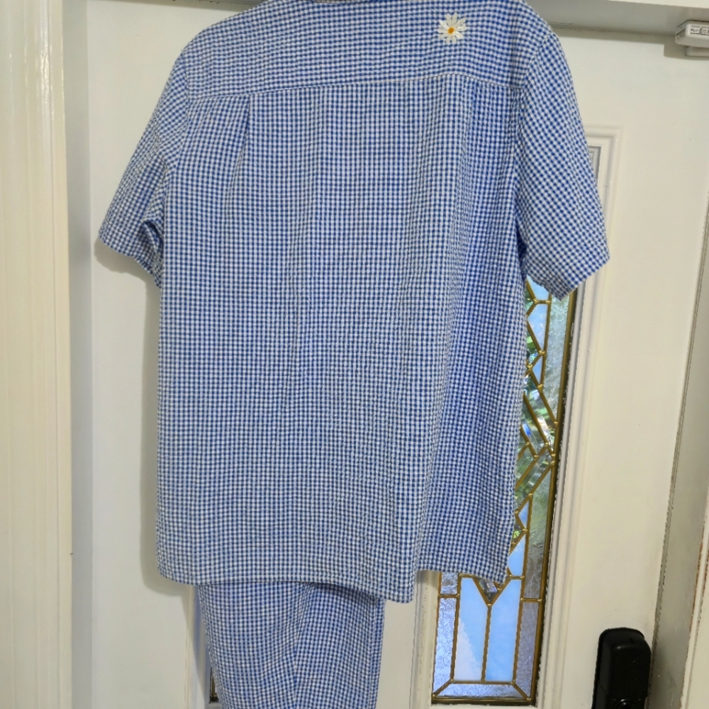 Lg Quacker Factory Blue and White Gingham Womens Shirt & Matching Crop Pants - Picture 3 of 4